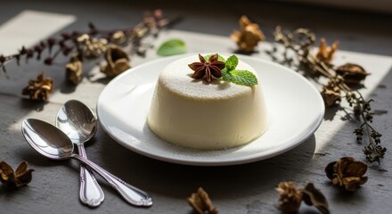 Close up of a creamy dessert pudding with star anise garnish on a plate