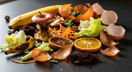 Close up of various organic food waste and compost on a dark surface