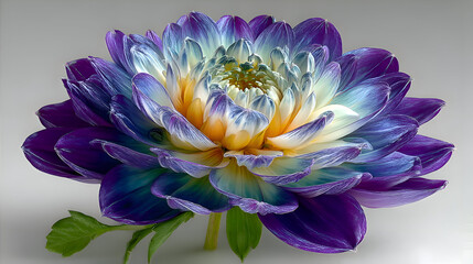 Blooming Purple Flower Closeup with White and Yellow Petals on a Light Background