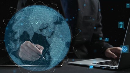 A businessman engages with a digital globe, illustrating global communication and network technology, combining modern business with innovative digital tools and visualization. Cipher