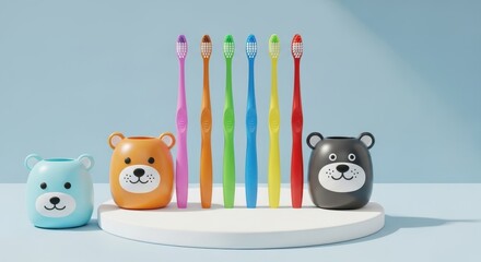Colorful toothbrushes and cute bear holders on display