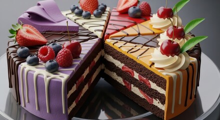 Close up view of several colorful cake slices decorated with fresh berries