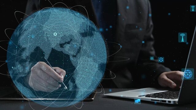 A businessman engages with a digital globe, illustrating global communication and network technology, combining modern business with innovative digital tools and visualization. Cipher