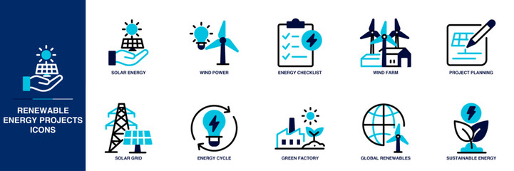 Renewable Energy Projects Blue Colored Outline Icon Set