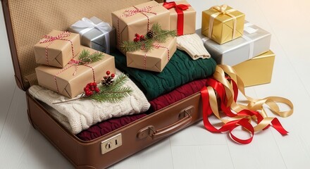 Decorated wrapped holiday presents and cozy sweaters inside a suitcase