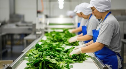 Factory workers processing fresh spinach on a conveyor belt in a food production facility
