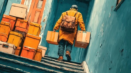 Man carrying boxes up stairs, moving house concept or delivery service illustration