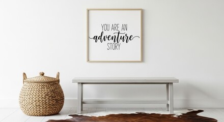 Framed Quote About Adventure Hanging on a White Wall Above Bench