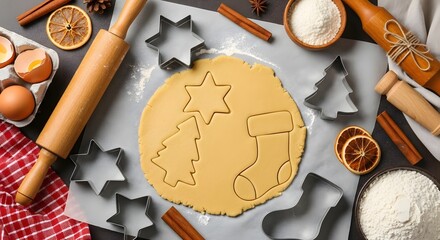 Rustic Christmas baking scene with cookie dough, cutters and festive ingredients overhead