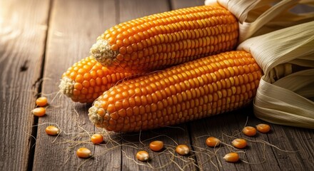 Fresh Ears of Corn Resting on a Wooden Surface