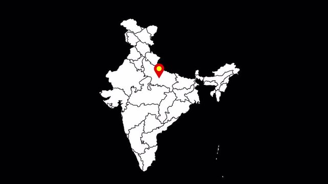 India map Uttar Pradesh highlight animation, UP location pin drop, Indian states outline with marked region, clean alpha background, geographic locator point, state position indicator and region
