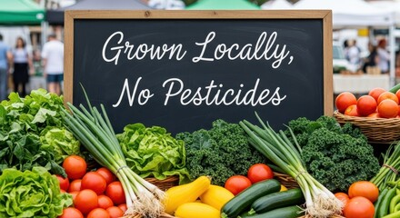 Fresh Produce Basket Display on a Blackboard with Positive Message