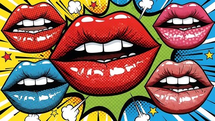 Vibrant Pop Art Illustration of Multiple Colorful Lips with Comic Elements