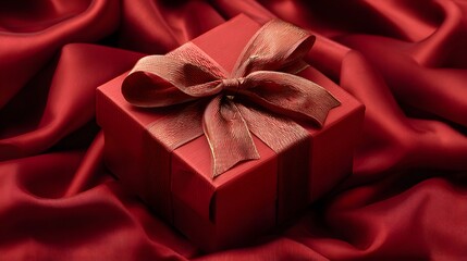 Luxurious Gift Box Wrapped in Crimson Silk Fabric with a Textured Red and Gold Ribbon Bow