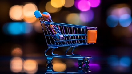 Miniature Shopping Cart Reflecting Colorful Bokeh Lights on a Dark Surface