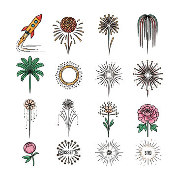 Colorful Fireworks and Rocket Illustrations for Celebrations and Design.