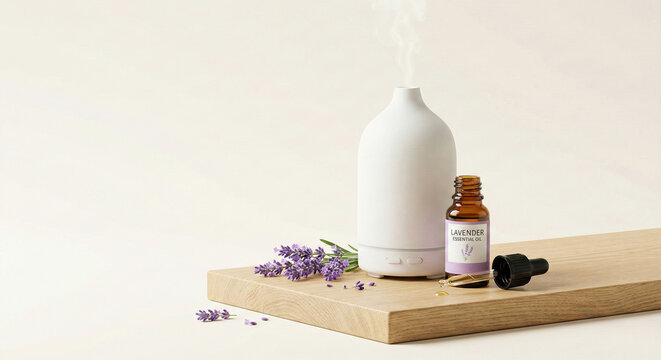 Aromatherapy setup featuring a ceramic diffuser, lavender essential oil, and fresh sprigs on a minimalist wooden base for relaxation.