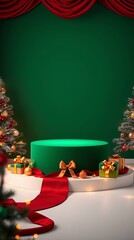 Festive Green Podium Surrounded by Christmas Trees and Gifts