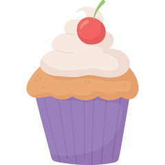 Sweet Vanilla Cupcake With White Swirl Frosting Topped With A Red Cherry In A Purple Wrapper Against A Transparent Background Ideal For Dessert Themes
