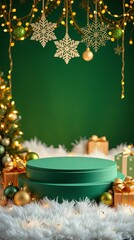 Festive Green Podium with Christmas Decor for Product Presentation