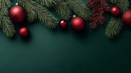 Elegant Christmas Composition Featuring Red Ornaments and Green Pine Tree Branches on Dark Background