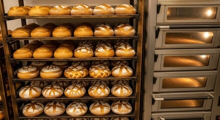 Freshly Baked Artisan Bread on Display in a Bakery