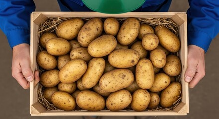 Freshly Harvested Potatoes in a Wooden Crate Showing Their Earthy Texture and Golden Skin