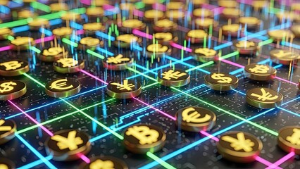 Explore the future of finance with blockchain technology and various currencies, perfect for illustrating financial innovation and global digital markets