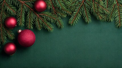 Elegant Holiday Background: Vibrant Red Ornaments and Lush Green Pine Branches Creating a Festive Border on a Dark Surface