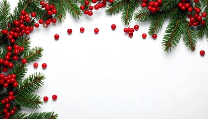 Lush green pine boughs and red berries frame a crisp white backdrop, festive and bright
