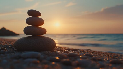 Stack of Stones on Beach at Sunset with Golden Hour light and ocean view