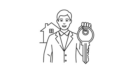 Real estate agent holding key with house in background a visual representation of homeownership