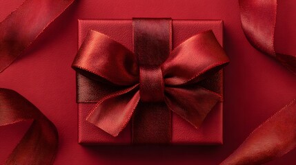 Vivid Monochromatic Design: A Perfect Red Gift Box Centered with a Large Silky Ribbon Bow for a Luxurious Holiday Present