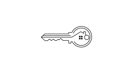 A minimalist line drawing of a key incorporating a house symbol for real estate concept