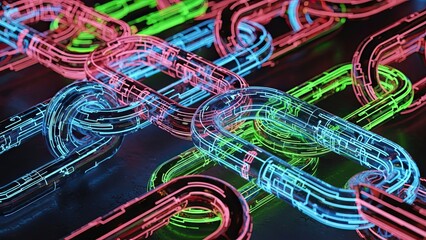 Dynamic vibrant blockchain network with glowing neon connections for secure digital transactions and technology solutions, highlighting innovation and connectivity