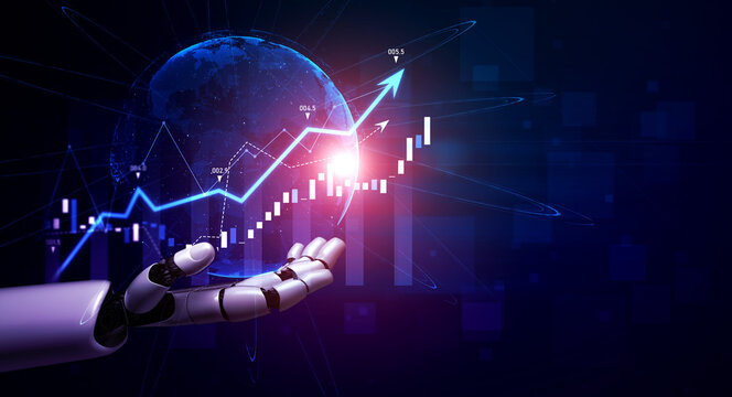 A robotic hand illustrates financial growth against a global backdrop, featuring dynamic charts and graphs. This image captures technology role in modern finance. Scalp