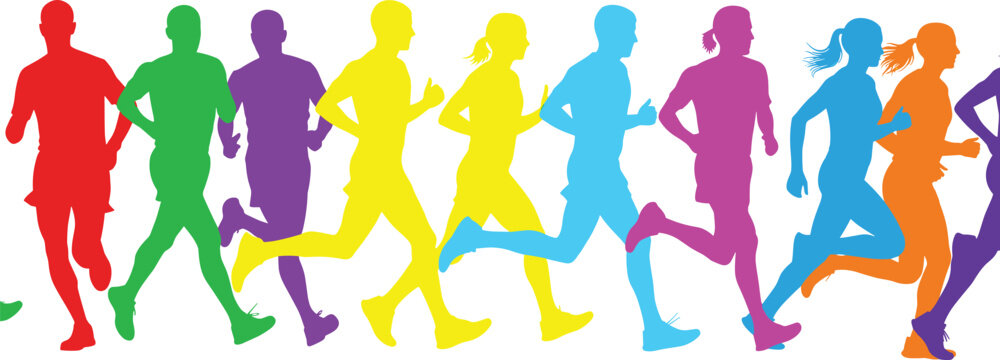 Group of colorful diverse running people silhouettes sprinting together in marathon race for fitness and healthy lifestyle sports competition vector illustration