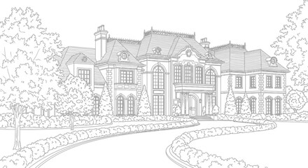 Detailed architectural line drawing showcases a luxurious mansion and landscaping