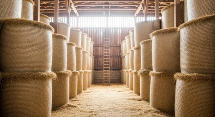 Hay bales stacked inside a wooden barn under bright sunlight