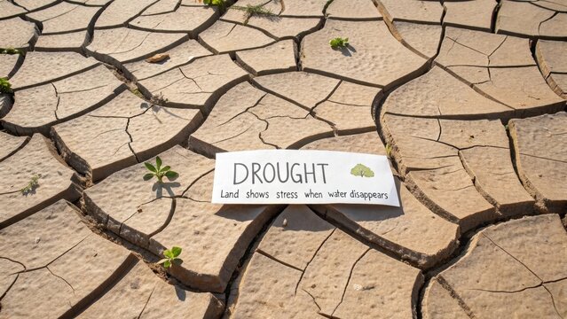 Flat Lay of Cracked Dry Earth Tiles in Mosaic with Drought Signage