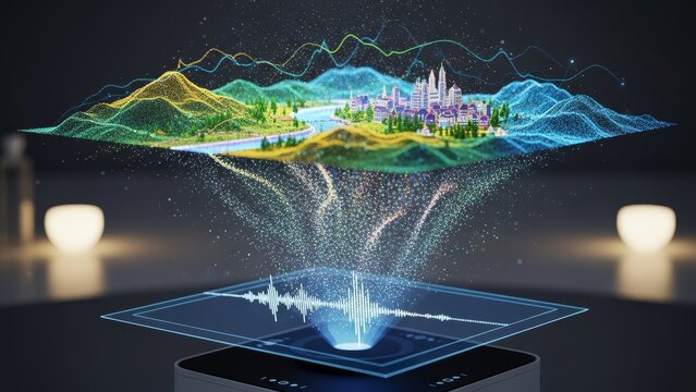 Close-up of a futuristic device projecting a 3D particle hologram of a city and mountain landscape with audio waveforms
