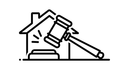 Line Art Illustration Depicting Real Estate Auction and Legal Proceedings Involving Property
