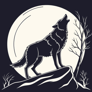 Stylized silhouette of a wolf howling at a large full moon on a rocky outcrop with bare trees in the background