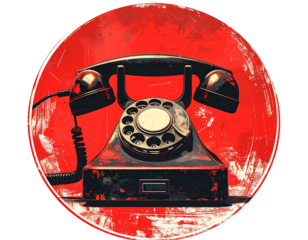 A stylized illustration of an antique rotary dial phone against a vibrant red, textured background