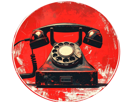 A stylized illustration of an antique rotary dial phone against a vibrant red, textured background