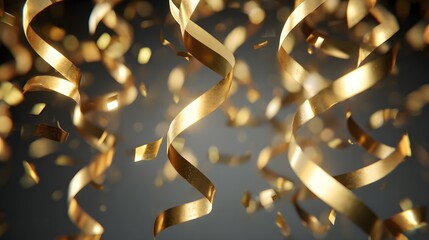 Luxurious Golden Streamers and Confetti Falling Dynamically Against a Dark Background for a Grand Holiday Celebration