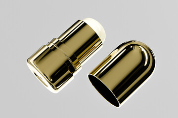 Luxury golden lipstick mockup, metallic foundation Stick packaging, gold electroplating makeup twist up tube packaging, Cylindrical Deodorant Packaging, Rotating makeup blush cream container