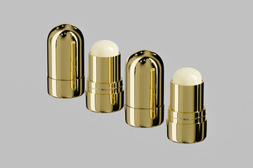 Luxury golden lipstick mockup, metallic foundation Stick packaging, gold electroplating makeup twist up tube packaging, Cylindrical Deodorant Packaging, Rotating makeup blush cream container