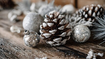 Rustic Winter Charm: Close-Up of Snow-Dusted Pinecones and Elegant Silver Christmas Ornaments on Weathered Wooden Surface