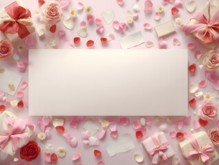 Obraz premium Blank white card surrounded by pink roses and petals for valentines day